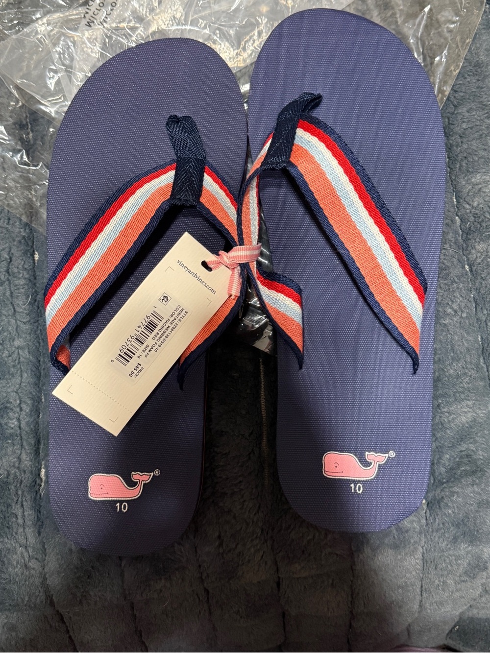 Vineyard Vines Navy Flip Flops with Red and White Striped Straps